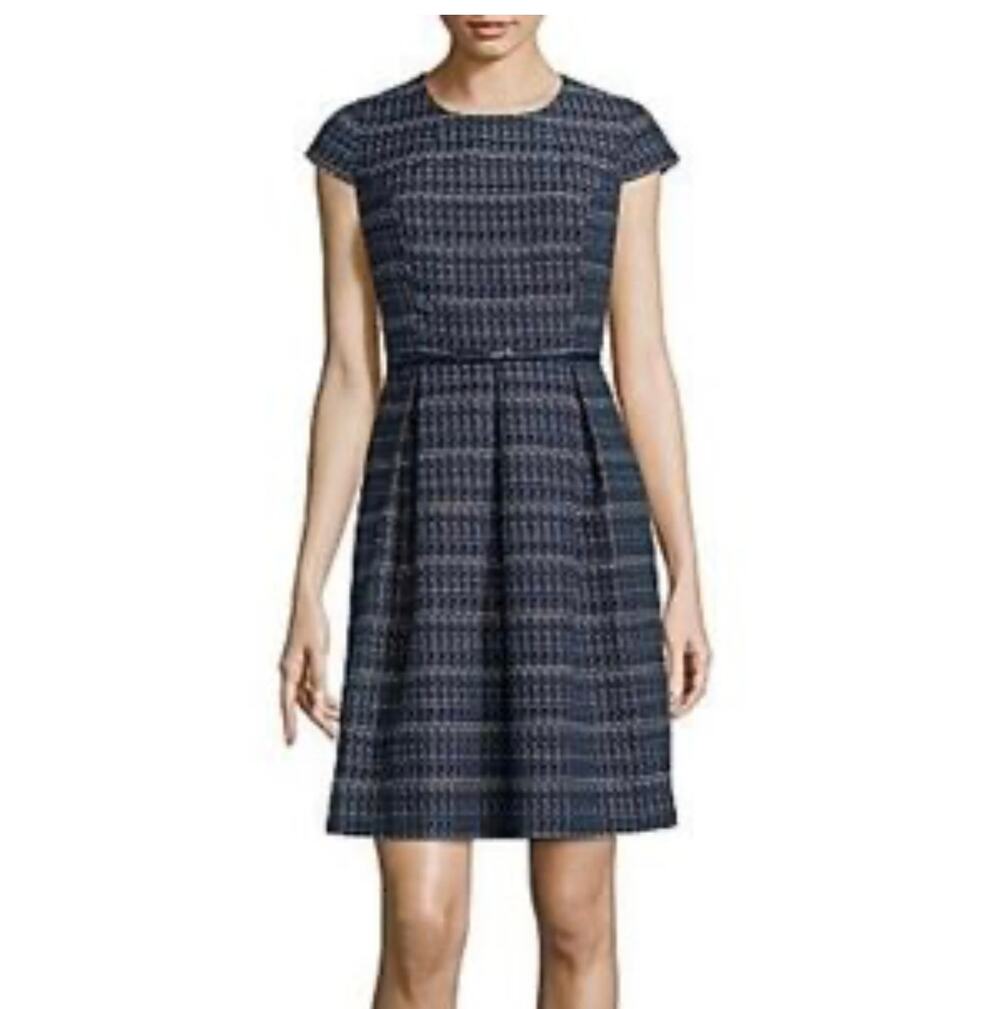 Liz Claiborne Dress Short Sleeve Tweed Blue White Cotton Blend Women's Size 14